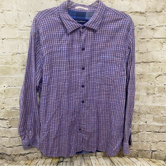Tommy Bahama Dual Lux Gingham Cotton Purple Pink Button Up Shirt - Picture 1 of 5